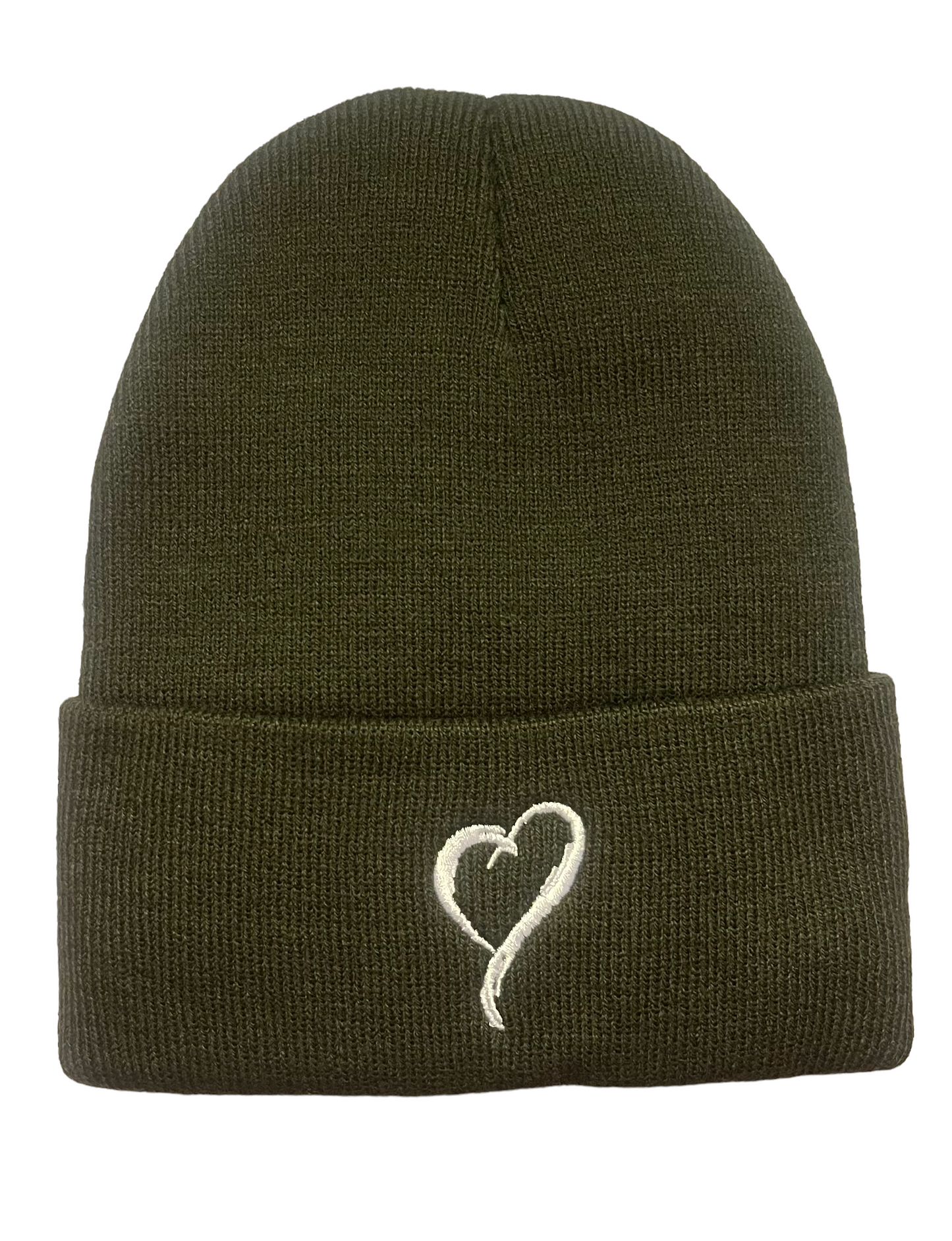 Beanie - Olive Green with White Embroidery