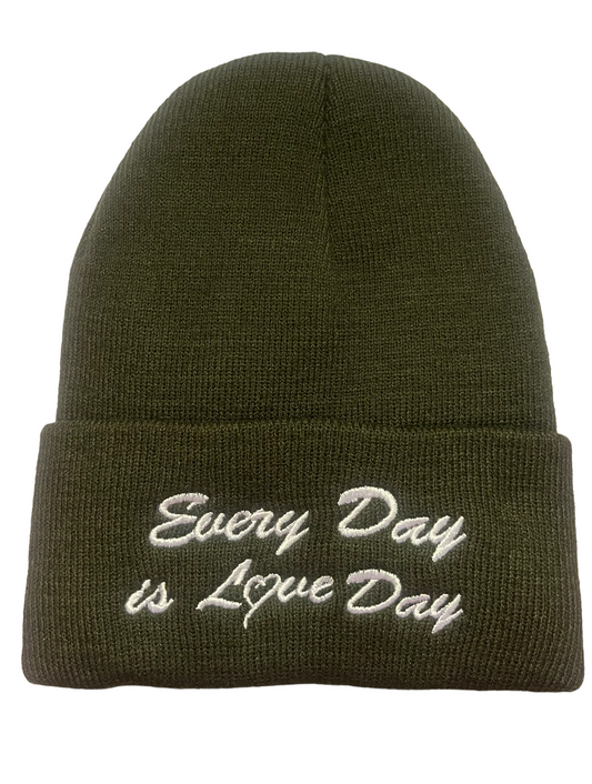 Beanie - Olive Green with White Embroidery